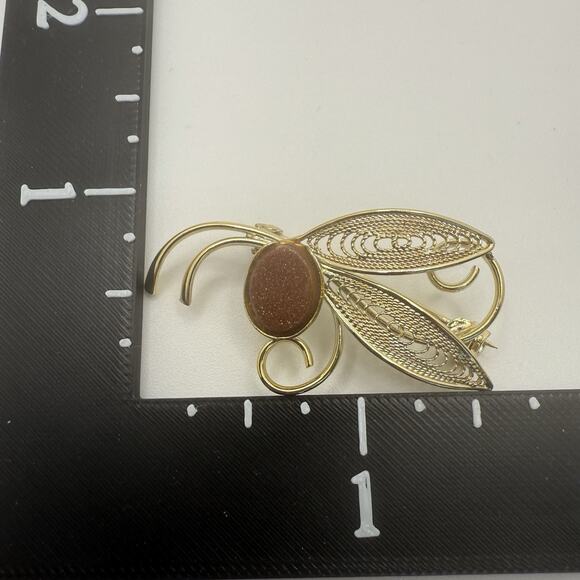 Vintage Goldstone Bracelet Brooch Leaf Bug Bangle 7” - Picture 5 of 9